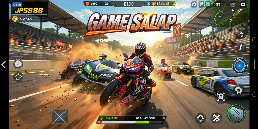Screenshot menunjukkan aksi balapan seru di JPS88 dengan mobil-mobil cepat.